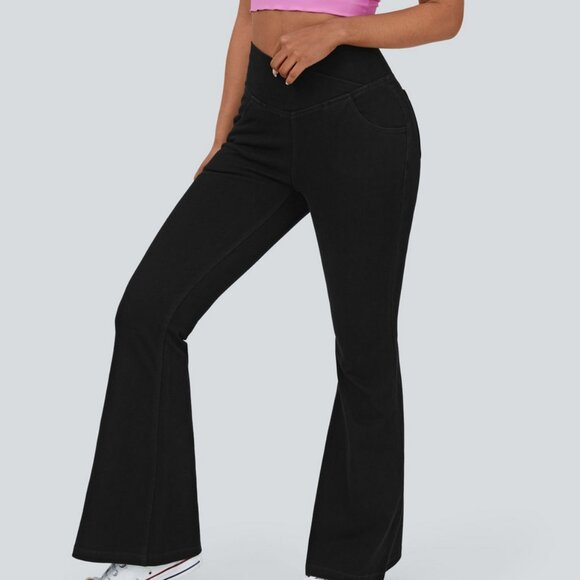 Halara High Waisted Crossover Pocket Washed Casual Jeans Medium Tall Flare - Picture 1 of 11